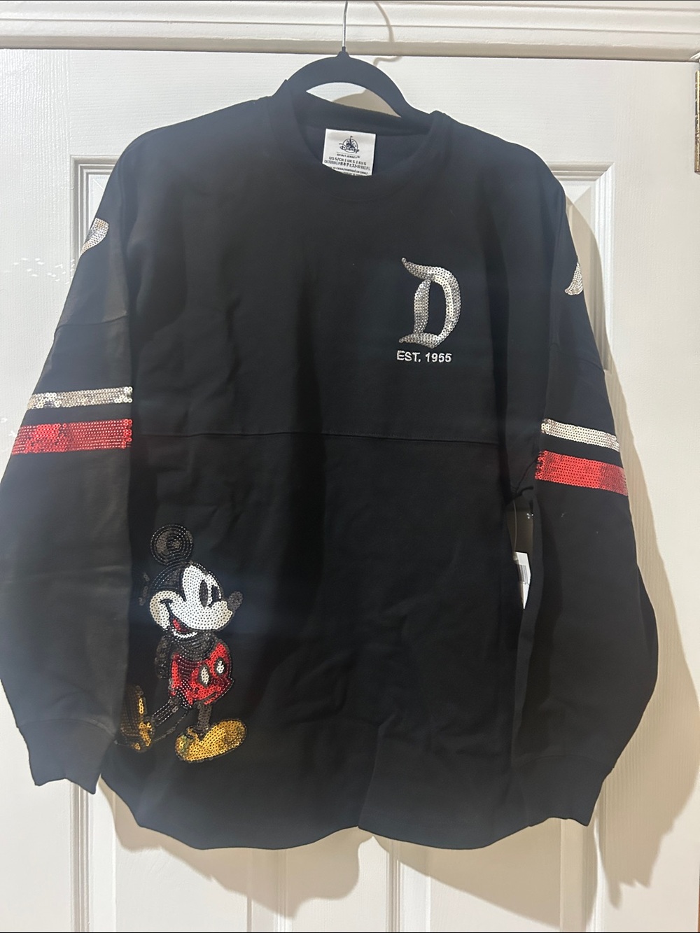 Disney Black Crewneck Sweater with Sequin Mickey and Red Stripes